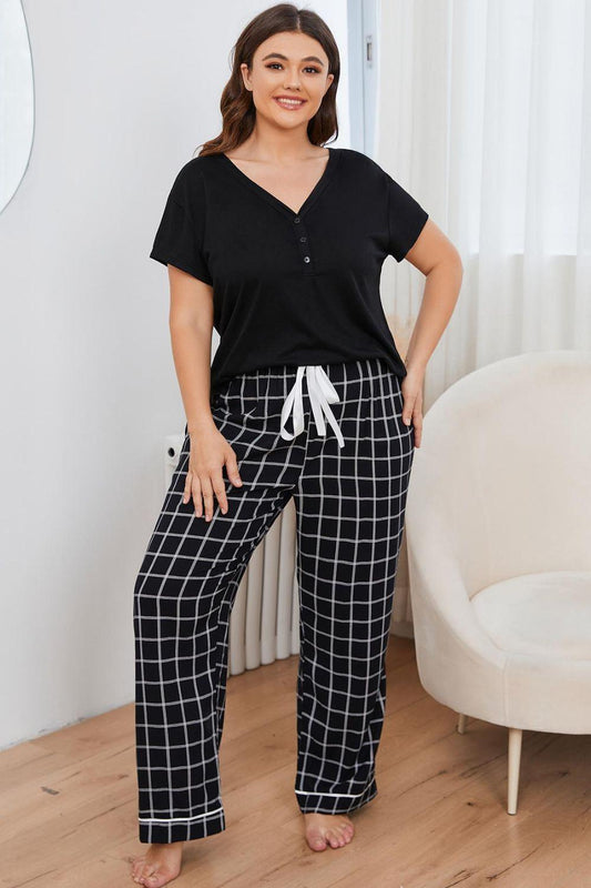 Plus Size V-Neck Top and Plaid Pants Lounge Set - Trendy by Luna