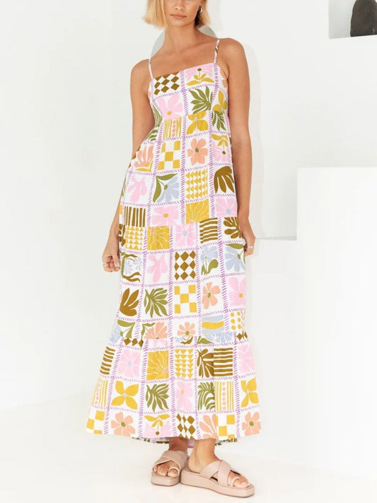 Cutout Printed Square Neck Maxi Cami Dress