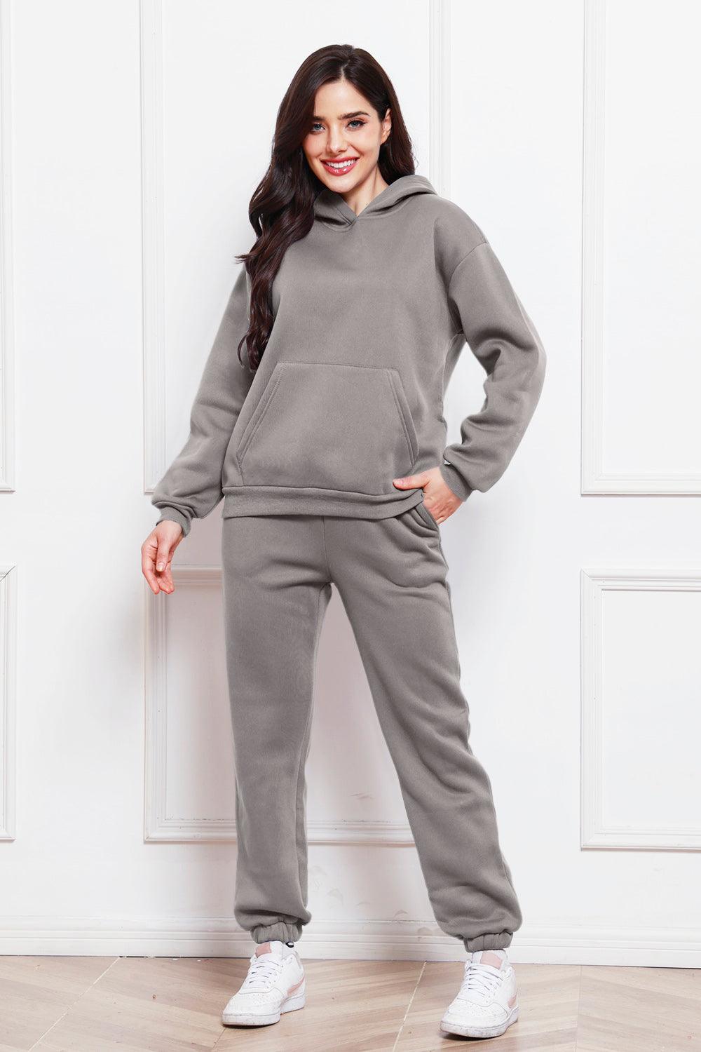 Drop Shoulder Long Sleeve Hoodie and Pants Set - Trendy by Luna