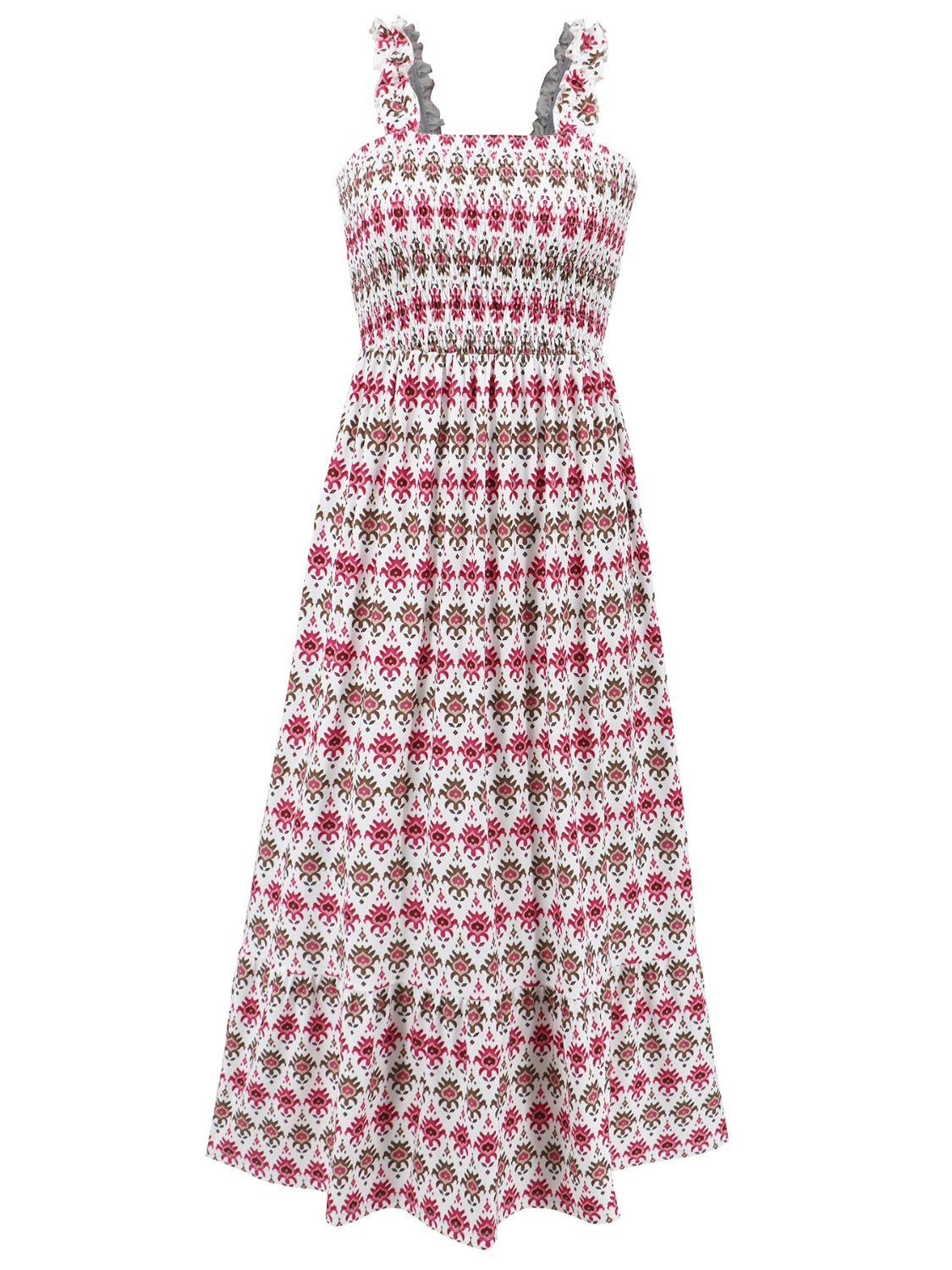 Smocked Printed Square Neck Sleeveless Dress - Trendy by Luna