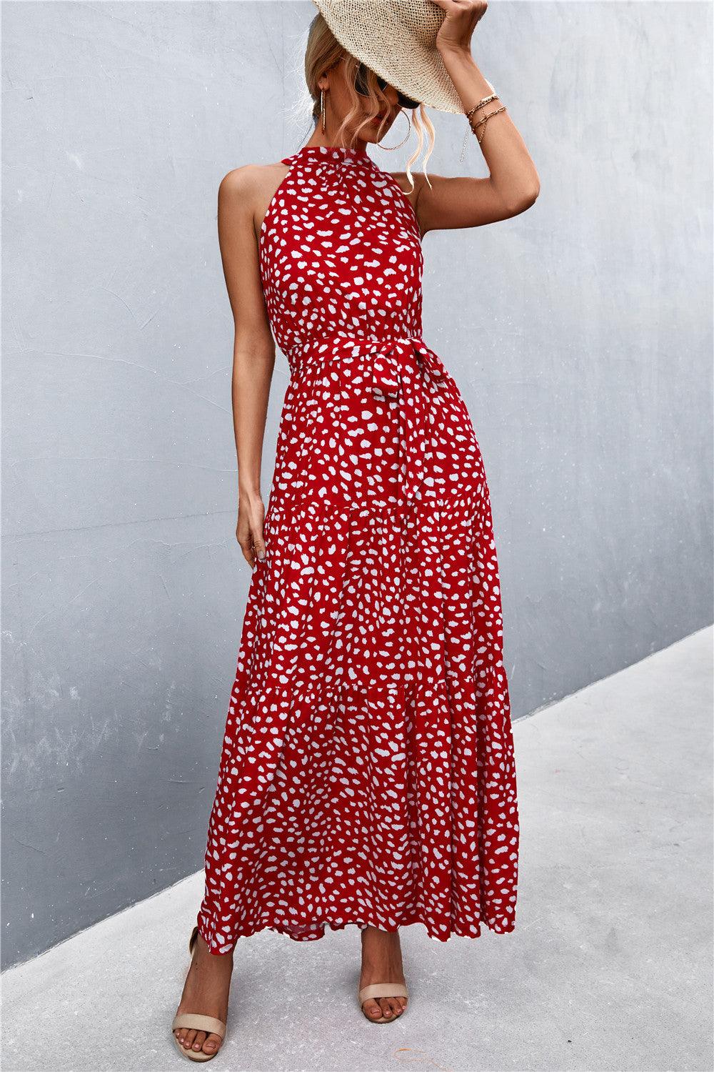 Printed Sleeveless Tie Waist Maxi Dress - Trendy by Luna