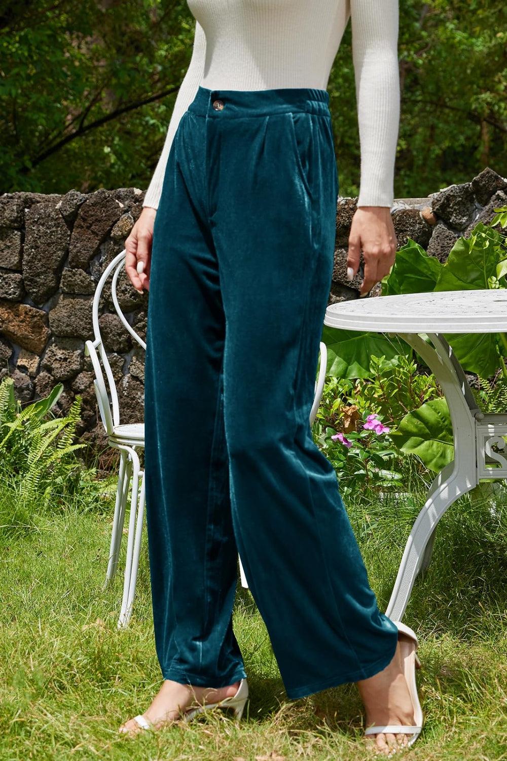 Velvet Wide Leg Pants with Pockets - Trendy by Luna