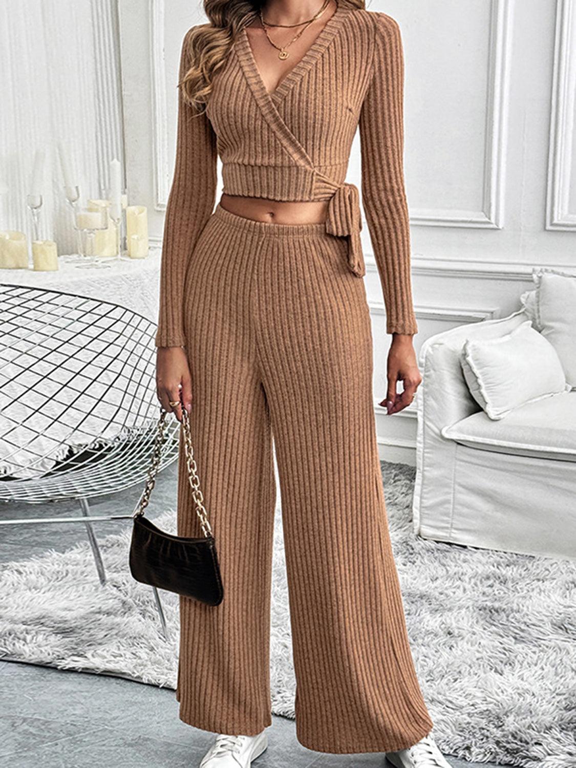 Perfee Surplice Long Sleeve Top and Pants Set - Trendy by Luna