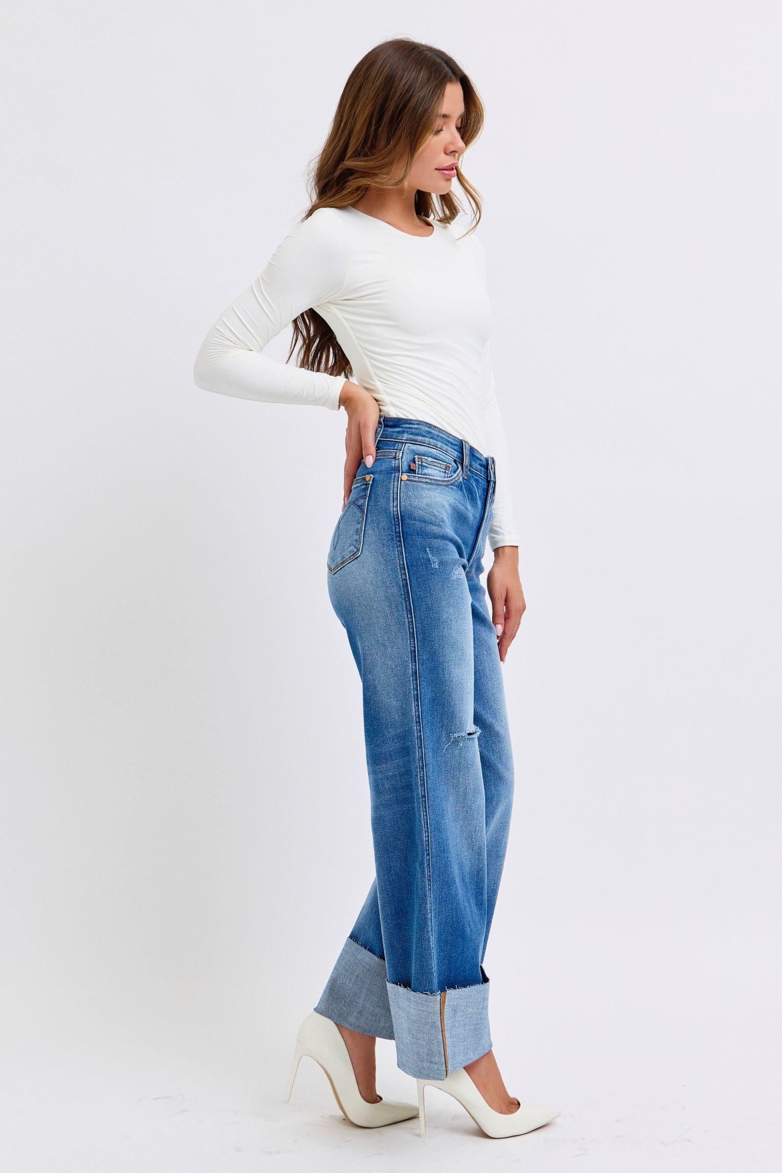 Judy Blue Full Size Distressed High Waist Wide Leg Jeans - Trendy by Luna