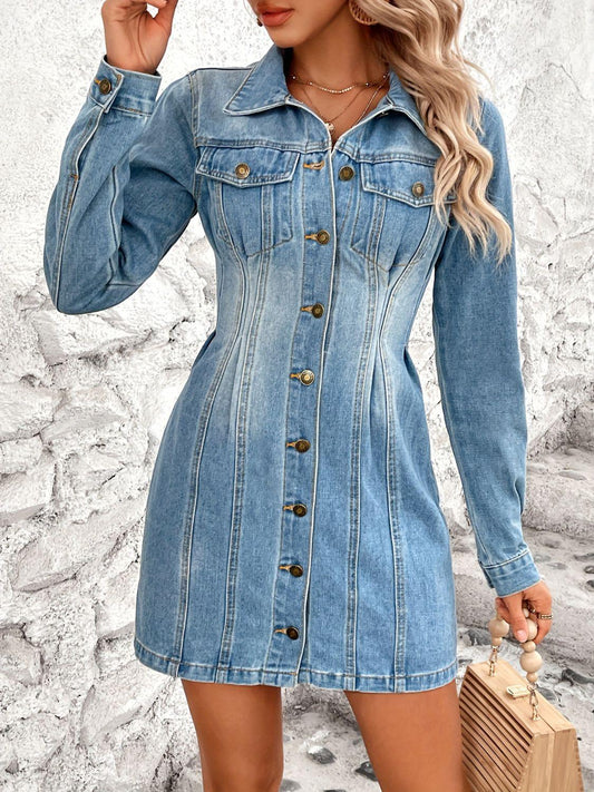 Pocketed Button Up Long Sleeve Denim Dress - Trendy by Luna