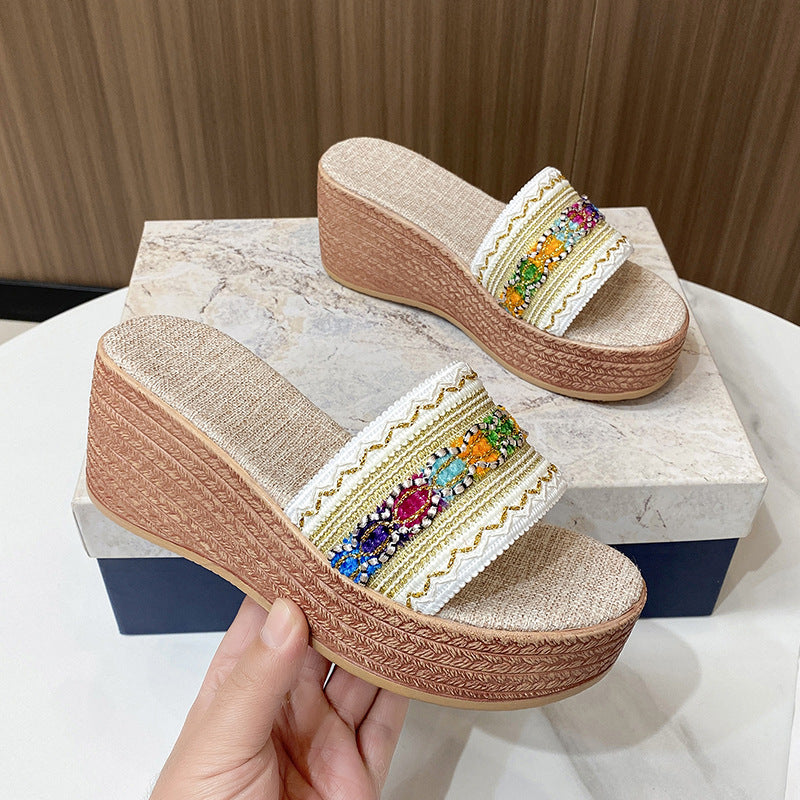 Contrast Cloth Wedge Sandals