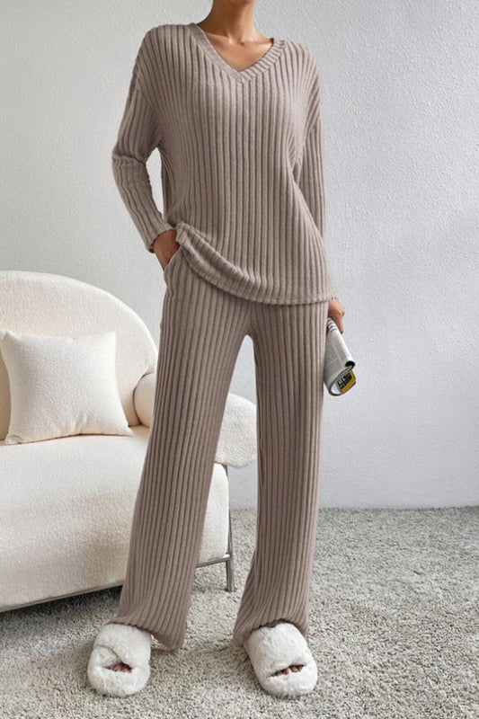 Ribbed V-Neck Top and Pants Set - Trendy by Luna