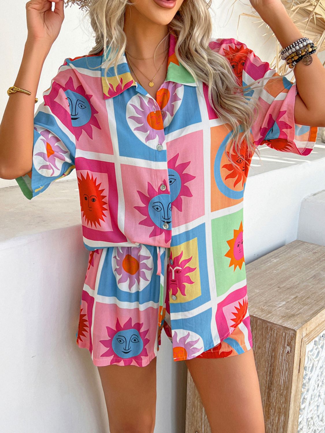 Printed Button Down Shirt and Shorts Set - Trendy by Luna