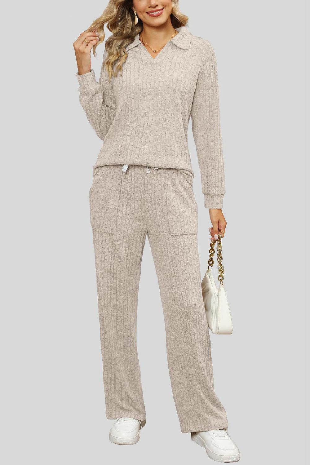 Ribbed Long Sleeve Top and Pocketed Pants Set - Trendy by Luna