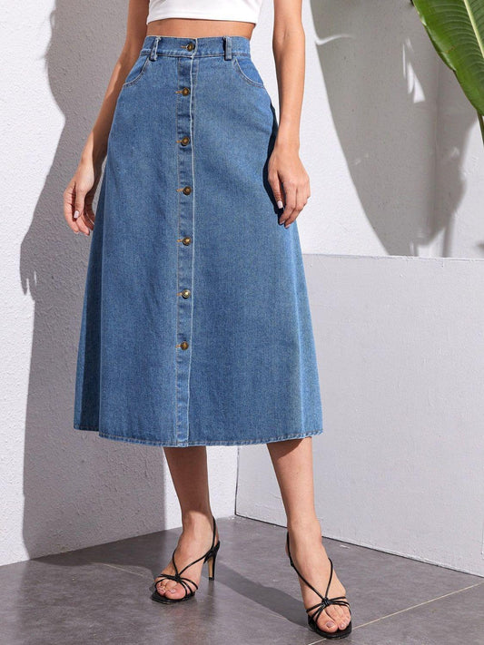 Buttoned Midi Denim Skirt with Pockets - Trendy by Luna