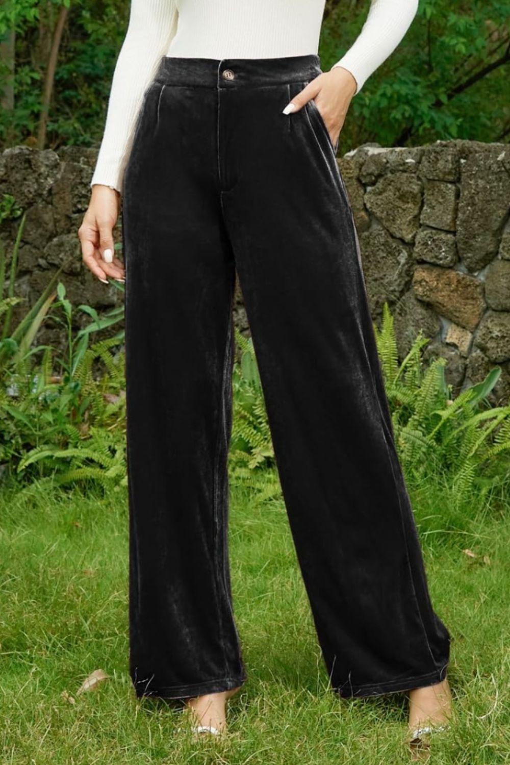 Velvet Wide Leg Pants with Pockets - Trendy by Luna