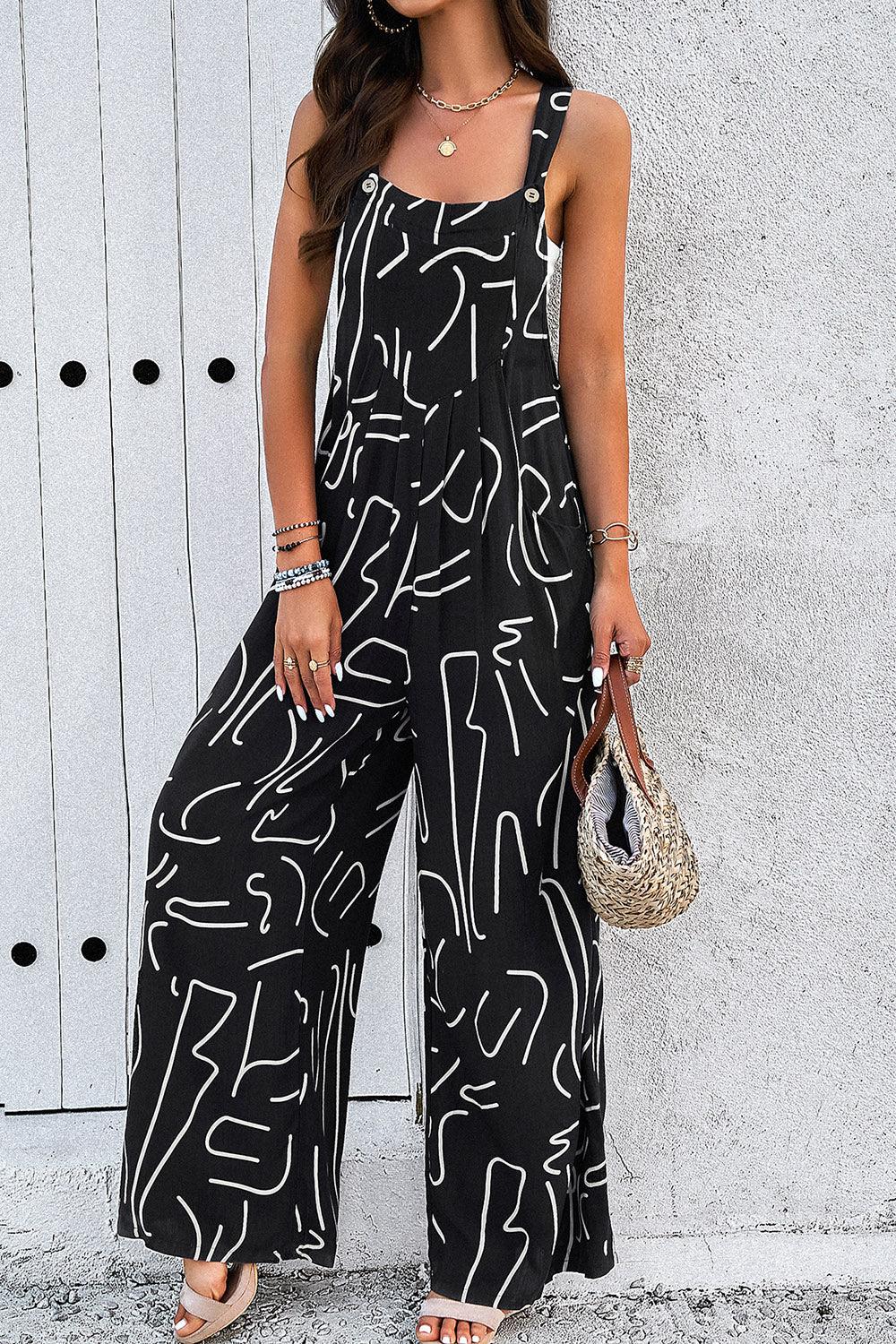 Printed Wide Strap Jumpsuit with Pockets - Trendy by Luna