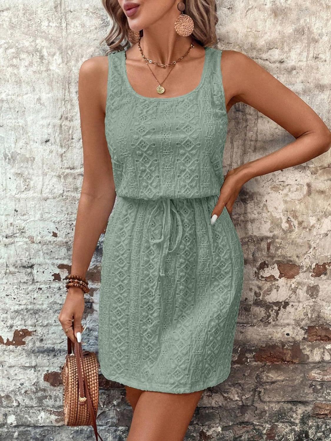 Eyelet Drawstring Round Neck Sleeveless Dress - Trendy by Luna