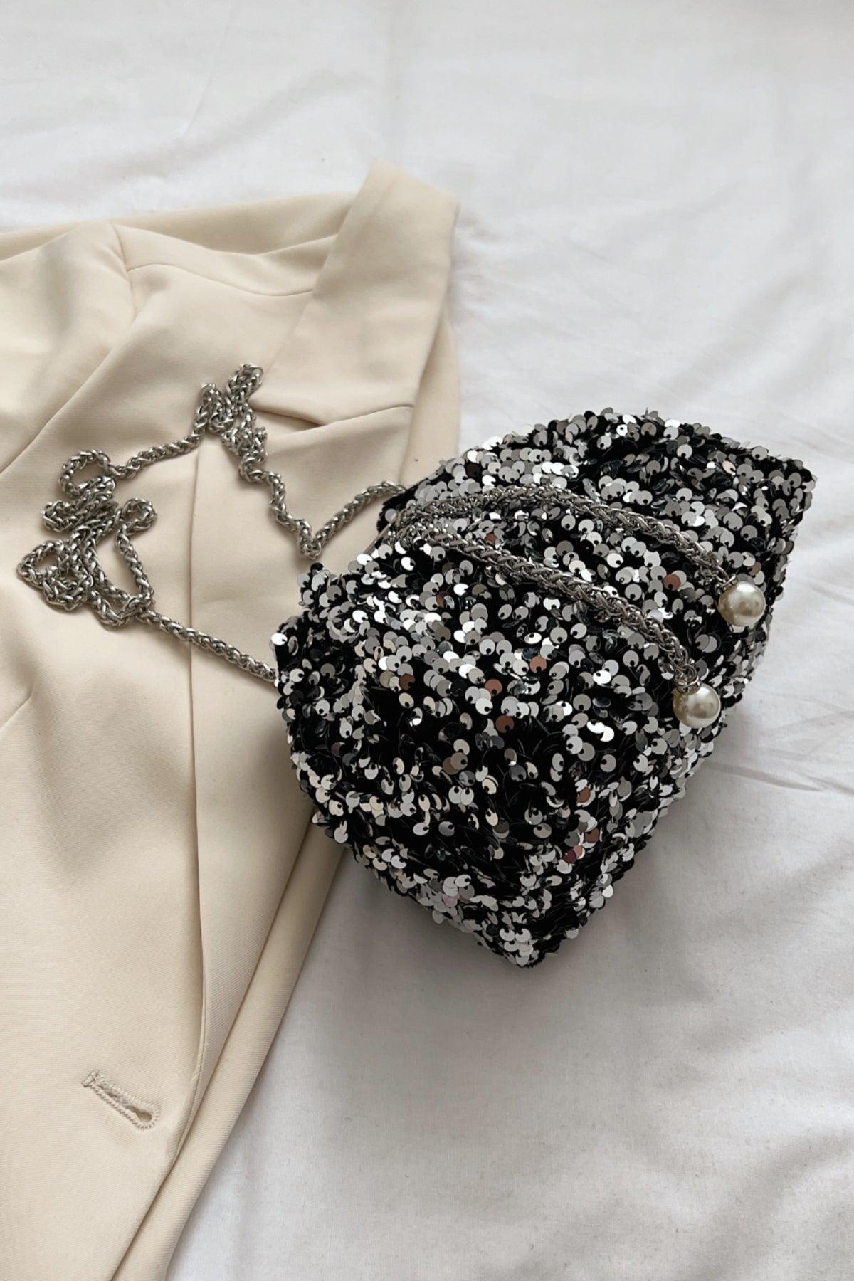 Sequin Chain Drawstring Bucket Bag - Trendy by Luna