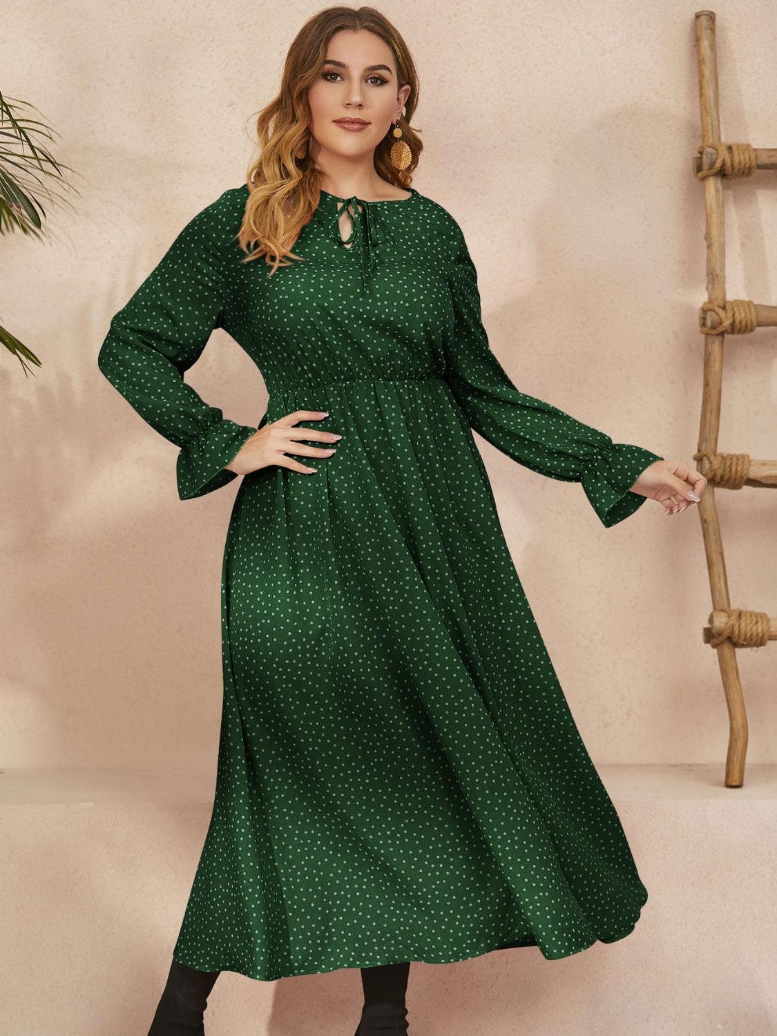 Honey Plus Size Ruffled Polka Dot Long Sleeve Midi Dress - Trendy by Luna