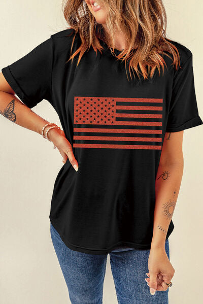 US Flag Round Neck Short Sleeve T-Shirt - Trendy by Luna