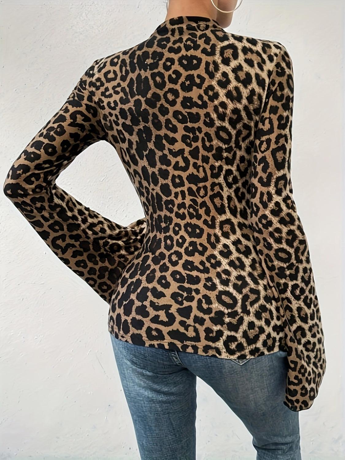 Leopard Mock Neck Flare Sleeve Top - Trendy by Luna