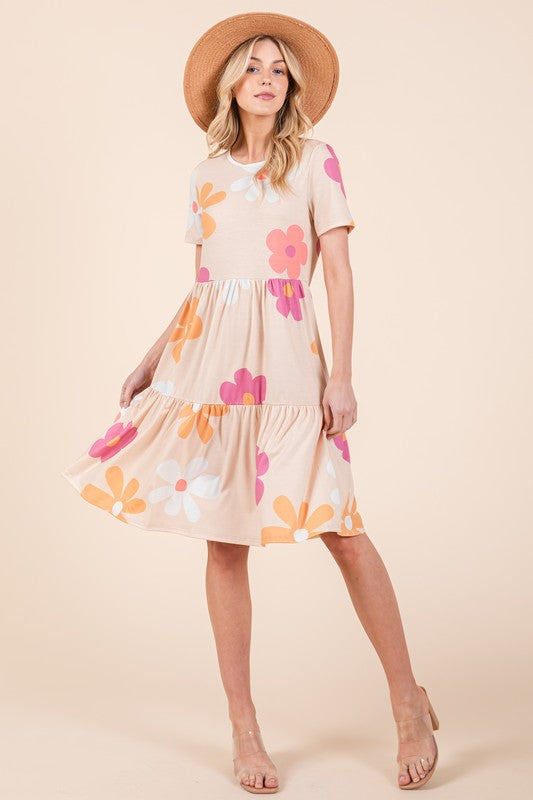 Floral Round Neck Short Sleeve Tiered Dress - Trendy by Luna