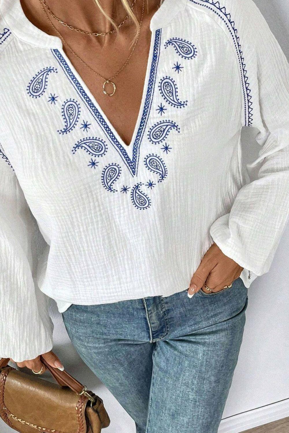 Embroidered Notched Long Sleeve Blouse - Trendy by Luna