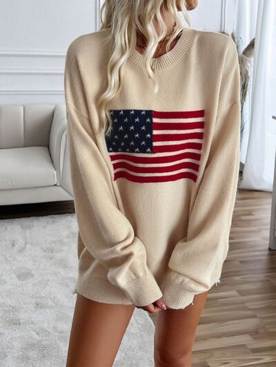 Devine US Flag Round Neck Long Sleeve Knit Top - Trendy by Luna