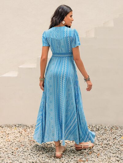 Printed Button Down Short Sleeve Maxi Dress - Trendy by Luna