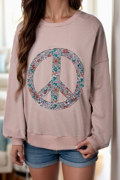 Peace Sign Applique Long Sleeve Sweatshirt - Trendy by Luna