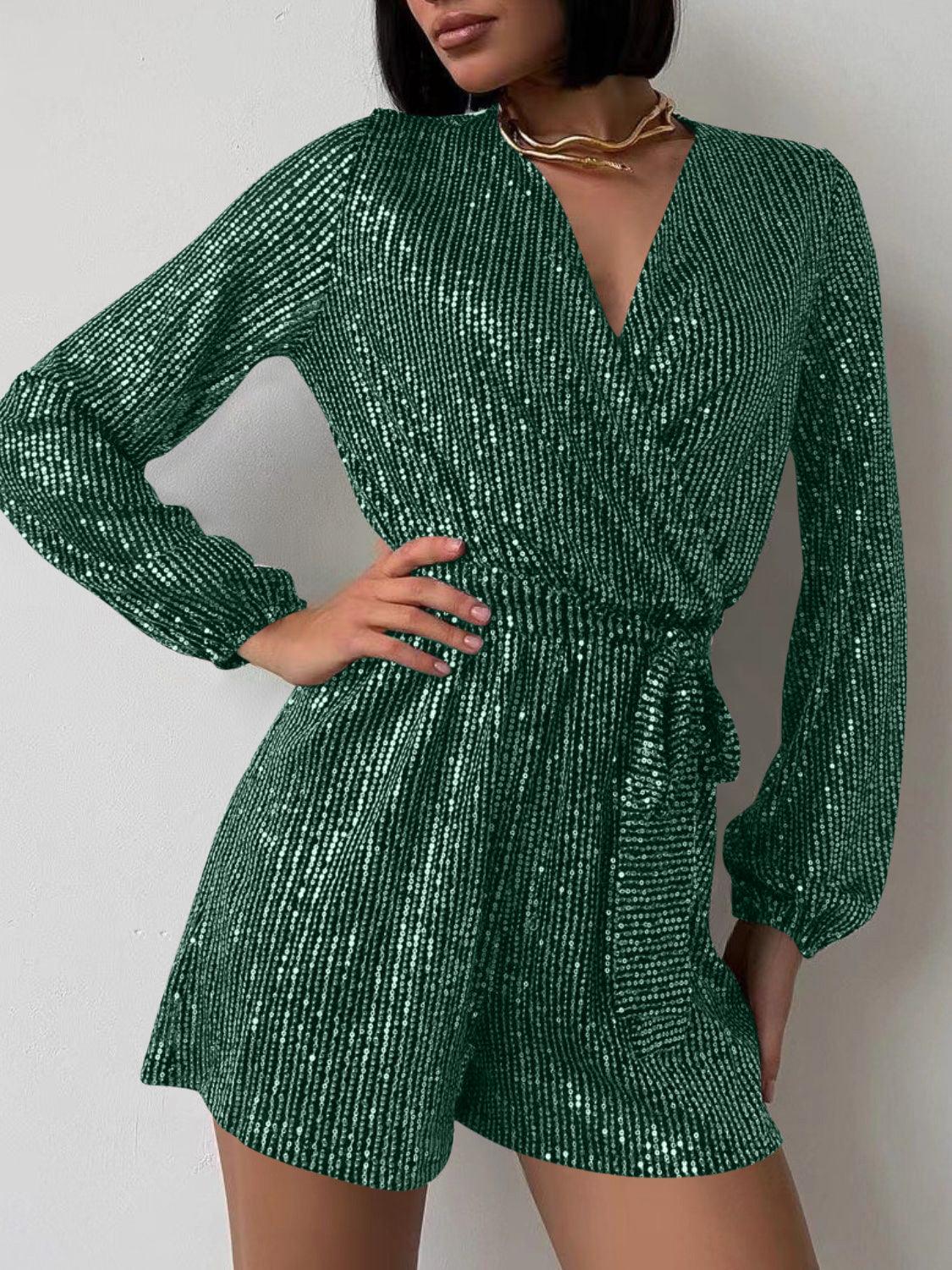 Full Size Sequin Surplice Tie Waist Long Sleeve Romper - Trendy by Luna