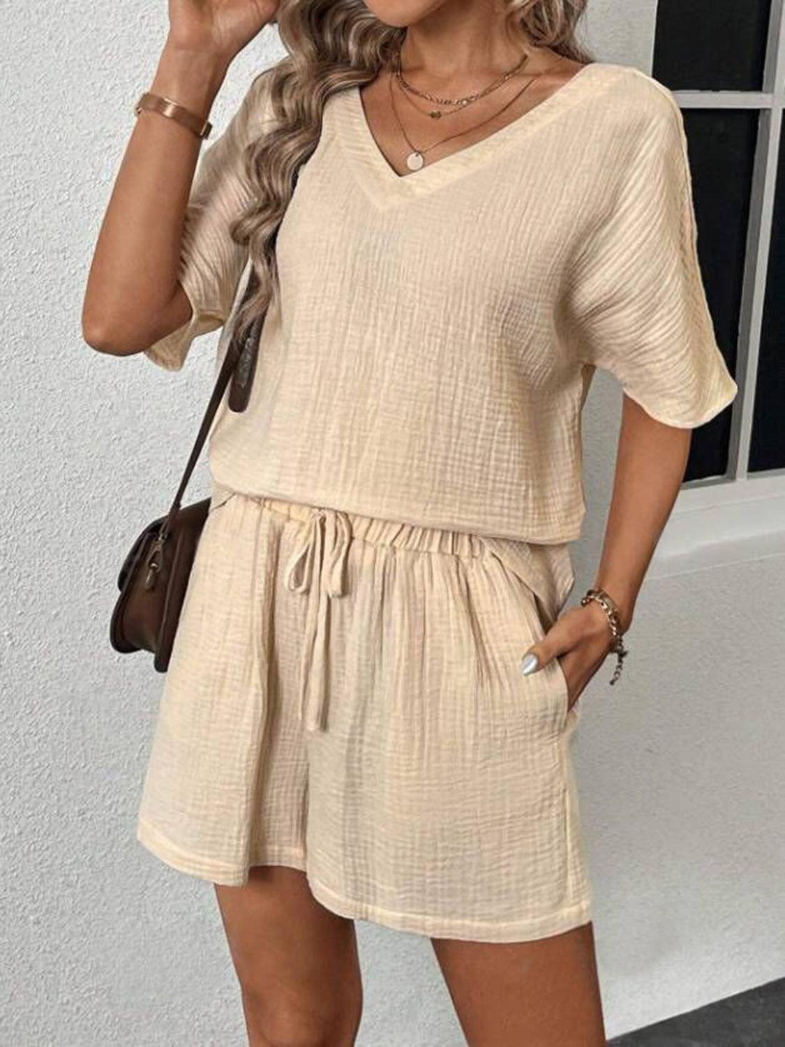 V-Neck Half Sleeve Top and Shorts Set - Trendy by Luna