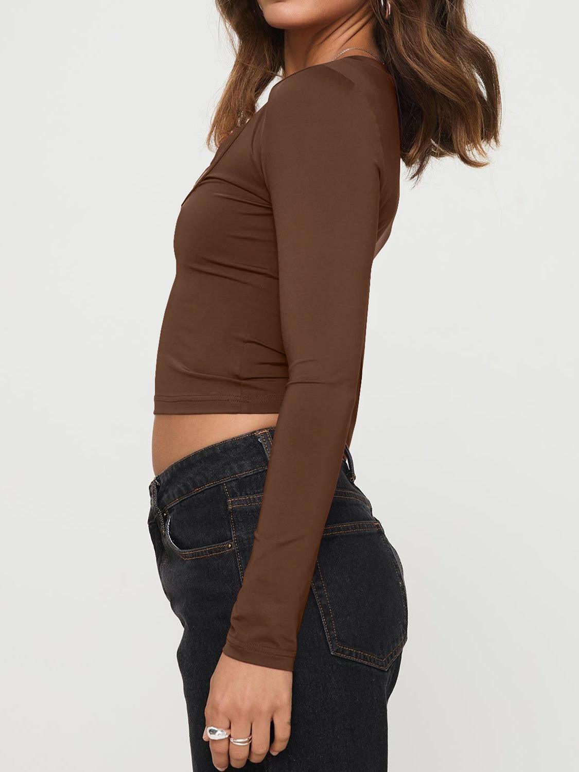 Scoop Neck Long Sleeve Cropped T-Shirt - Trendy by Luna