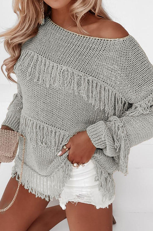 Fringe Boat Neck Long Sleeve Sweater - Trendy by Luna