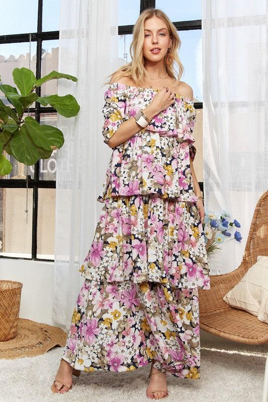 ADORA Layered Floral Off-Shoulder Short Sleeve Maxi Dress - Trendy by Luna