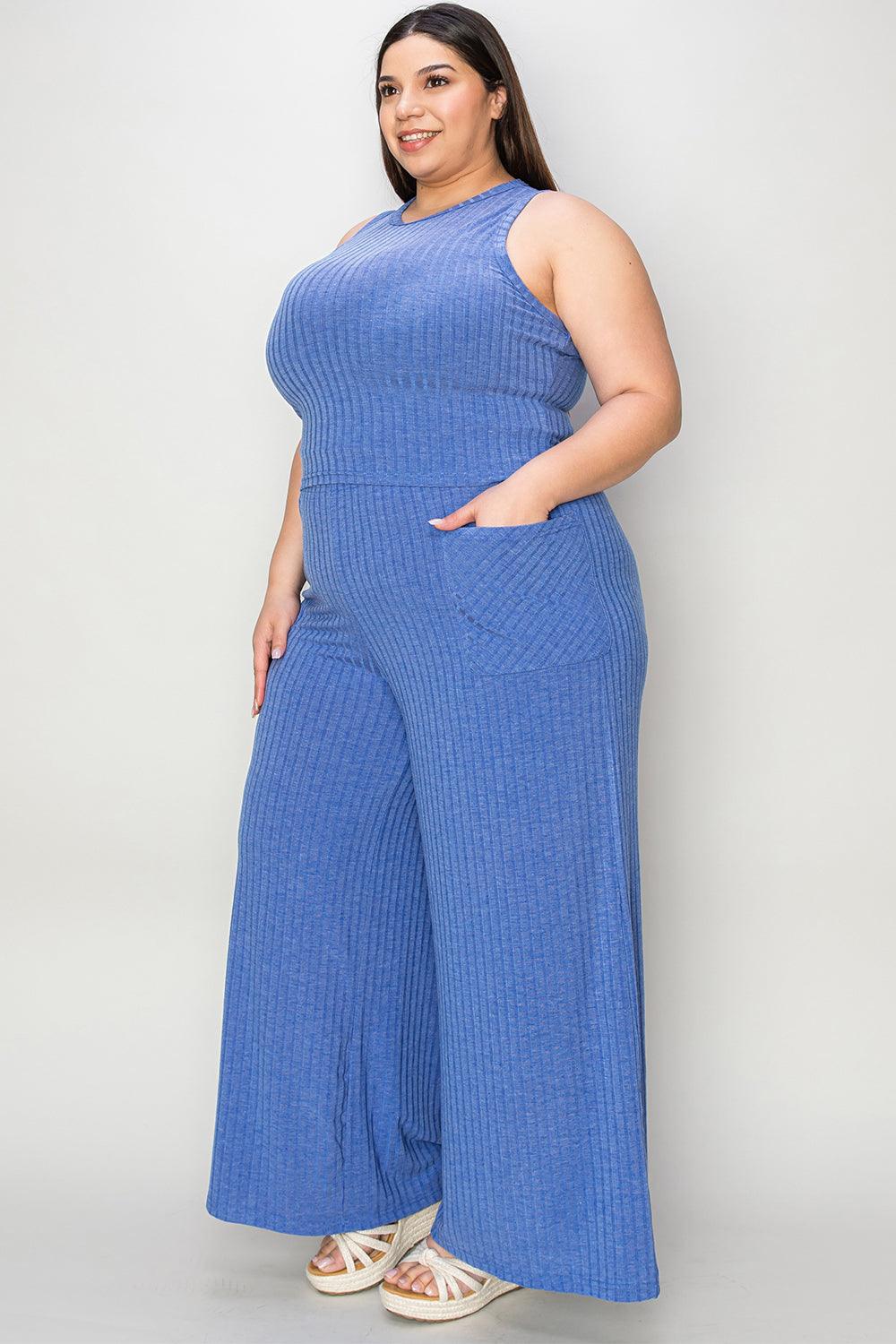 Full Size Ribbed Tank and Wide Leg Pants Set - Trendy by Luna