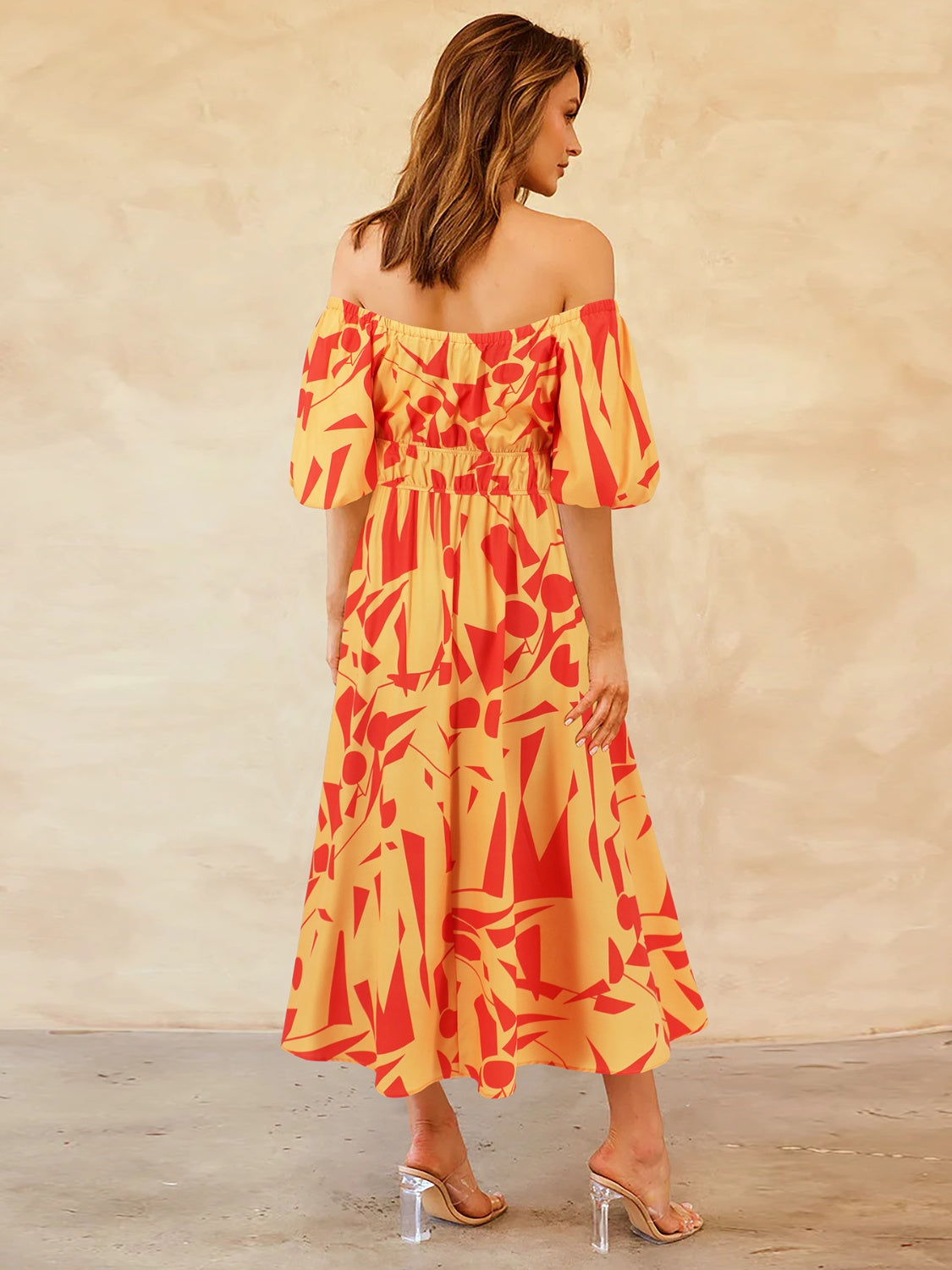 Printed Off-Shoulder Balloon Sleeve Dress - Trendy by Luna