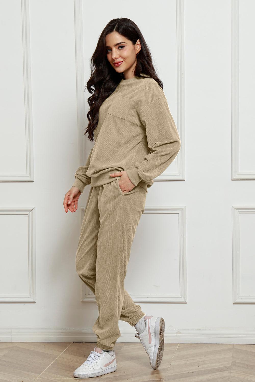 Corduroy Round Neck Sweatshirt and Sweatpants Set - Trendy by Luna