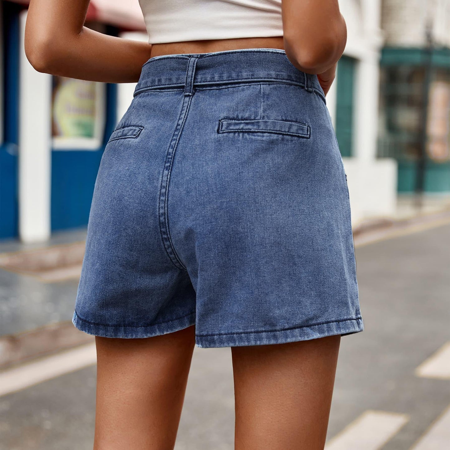 Tie Belt Denim Shorts with Pockets - Trendy by Luna