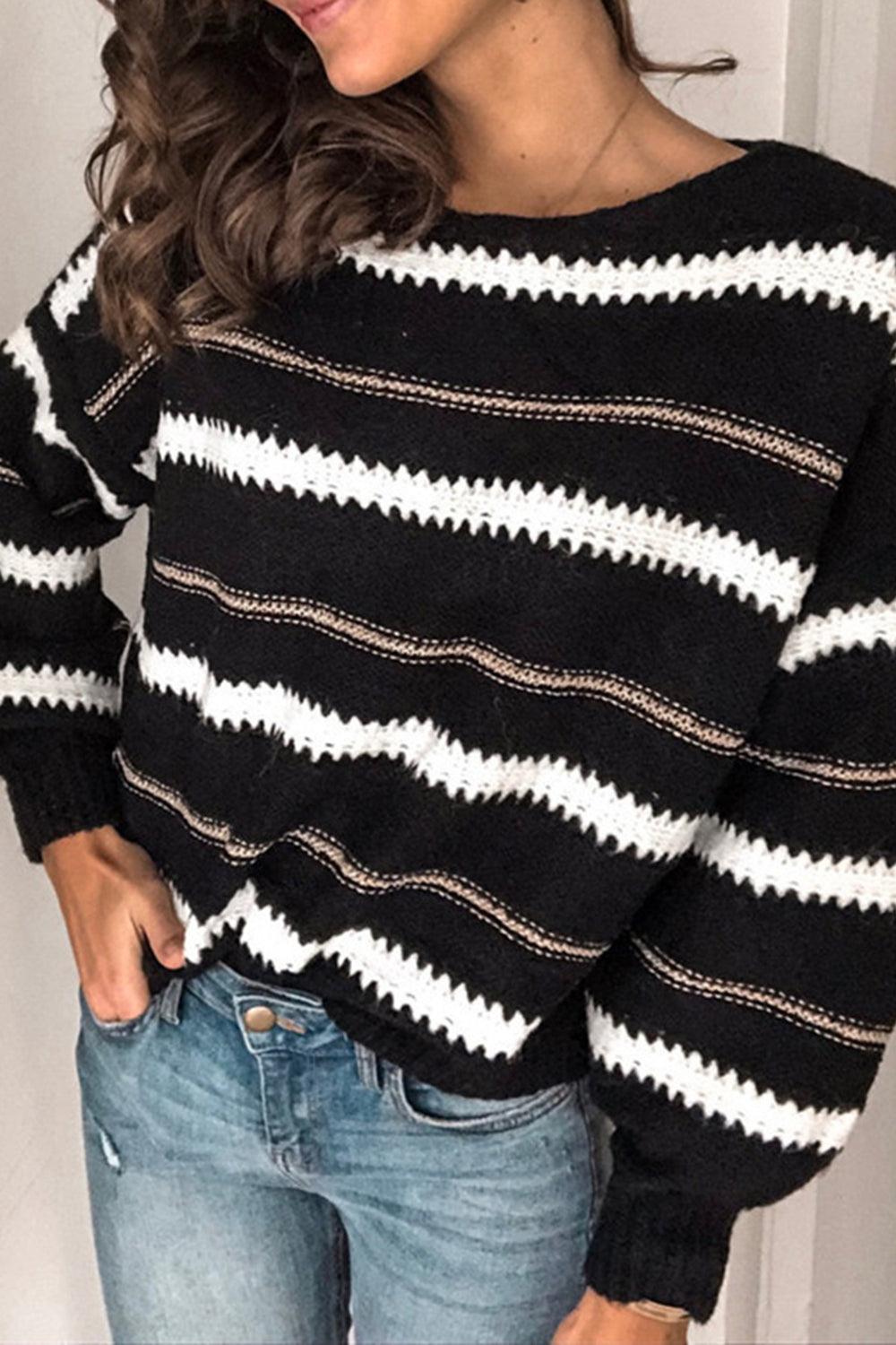 Contrast Striped Round Neck Long Sleeve Sweater - Trendy by Luna