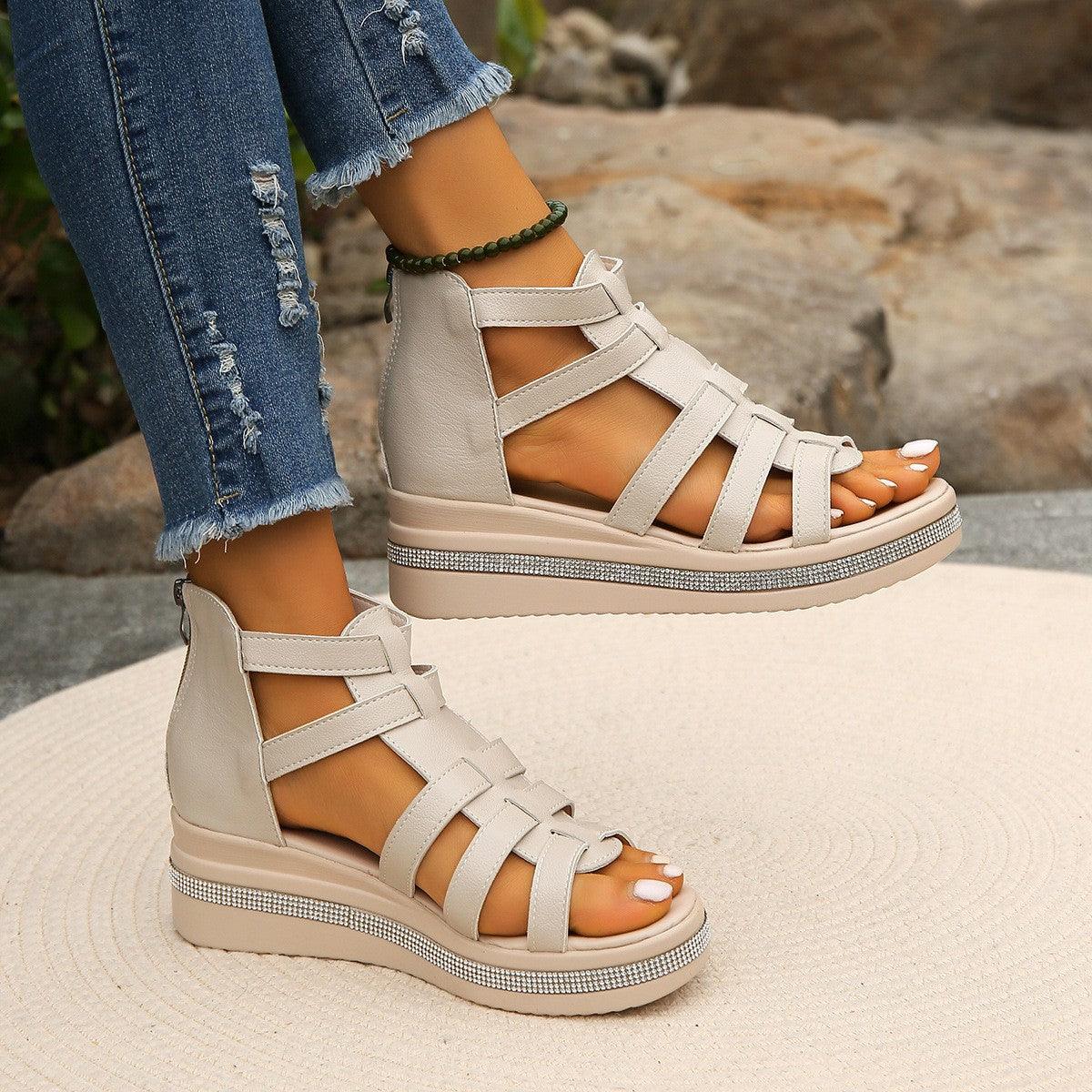 Cutout Rhinestone Trim Wedge Sandals - Trendy by Luna