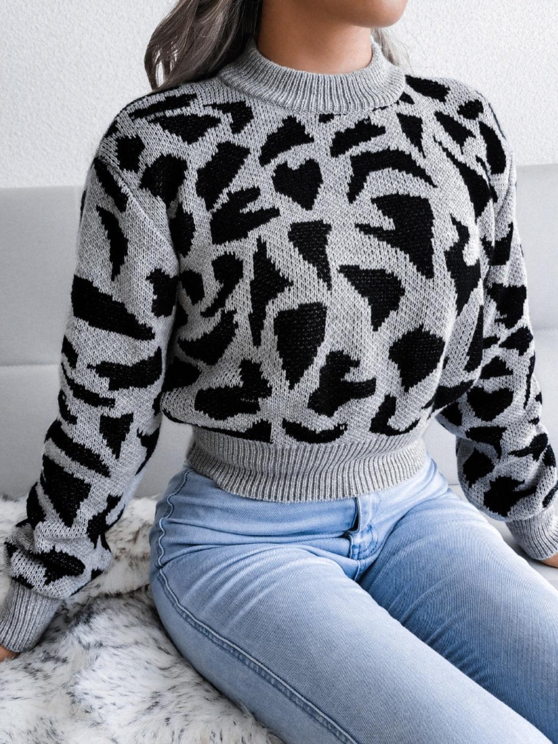 Leopard Round Neck Dropped Shoulder Sweater - Trendy by Luna