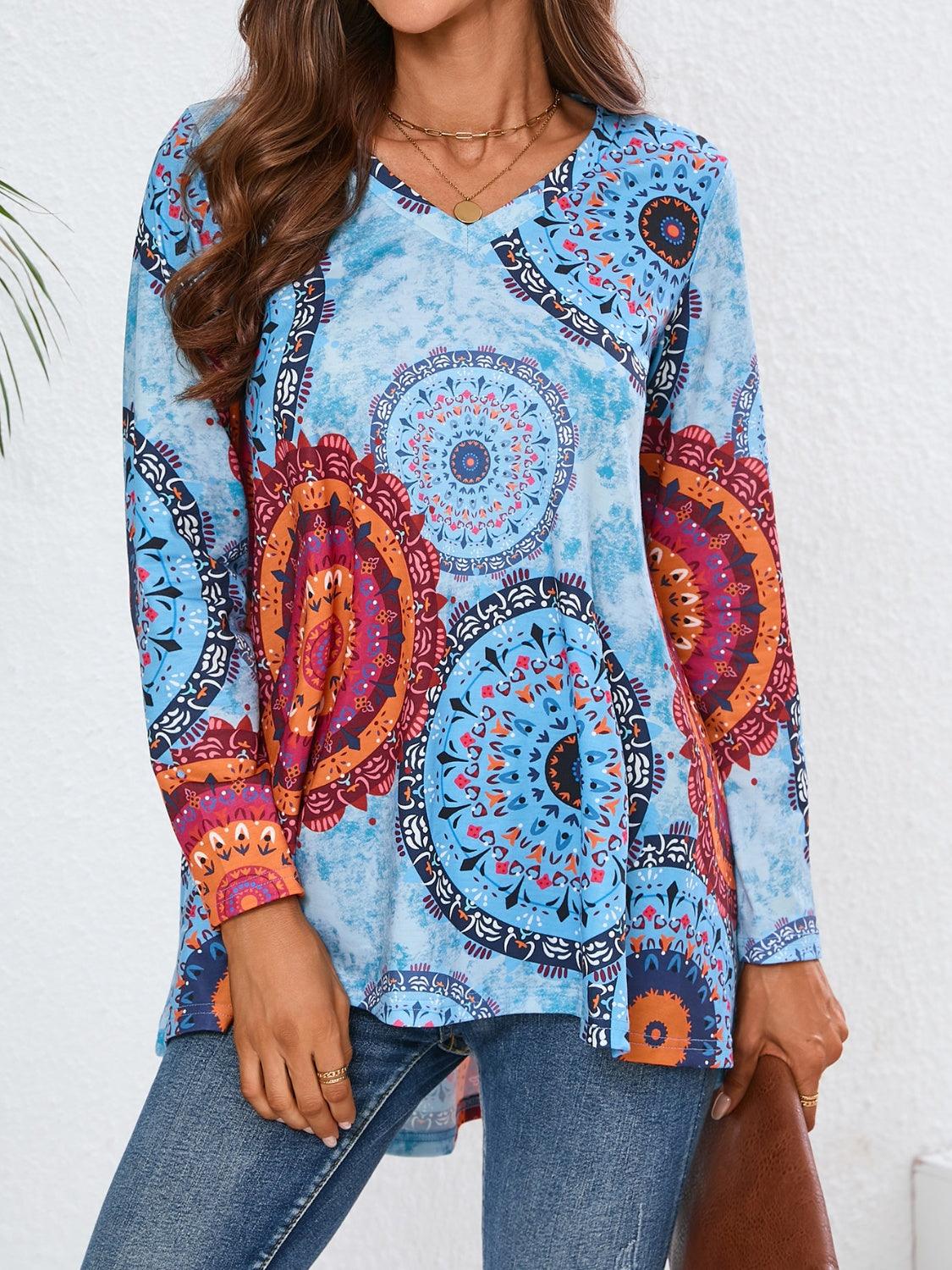 Geometric Printed V-Neck Long Sleeve T-Shirt - Trendy by Luna