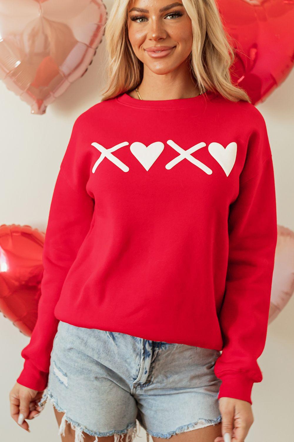 Valentine’s Day XOXO Round Neck Drop Shoulder Sweatshirt - Trendy by Luna