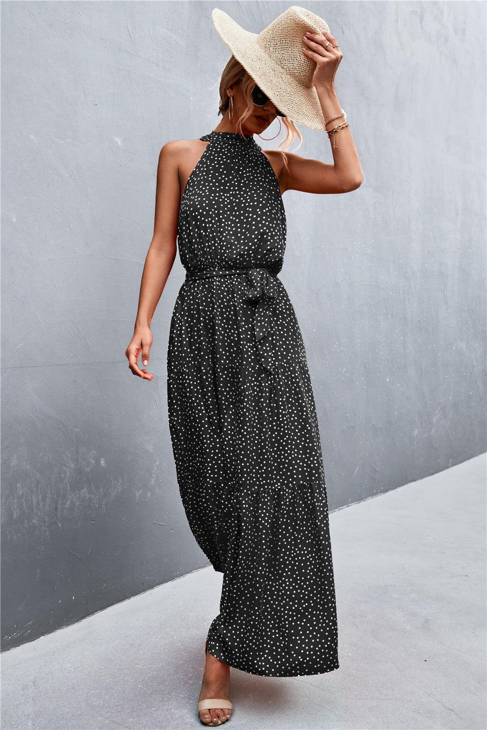 Printed Sleeveless Tie Waist Maxi Dress - Trendy by Luna