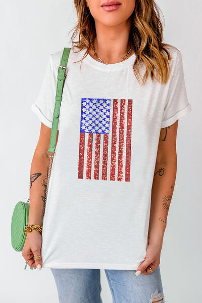 US Flag Round Neck Short Sleeve T-Shirt - Trendy by Luna