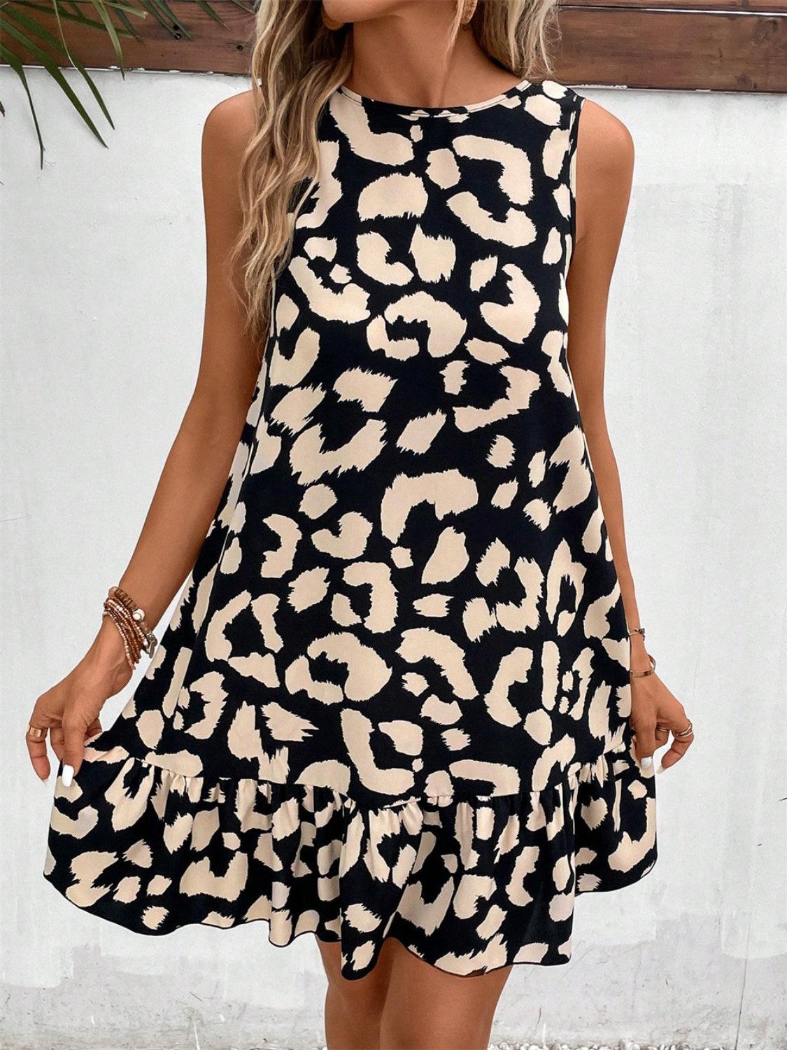 Tied Leopard Round Neck Tank Dress - Trendy by Luna