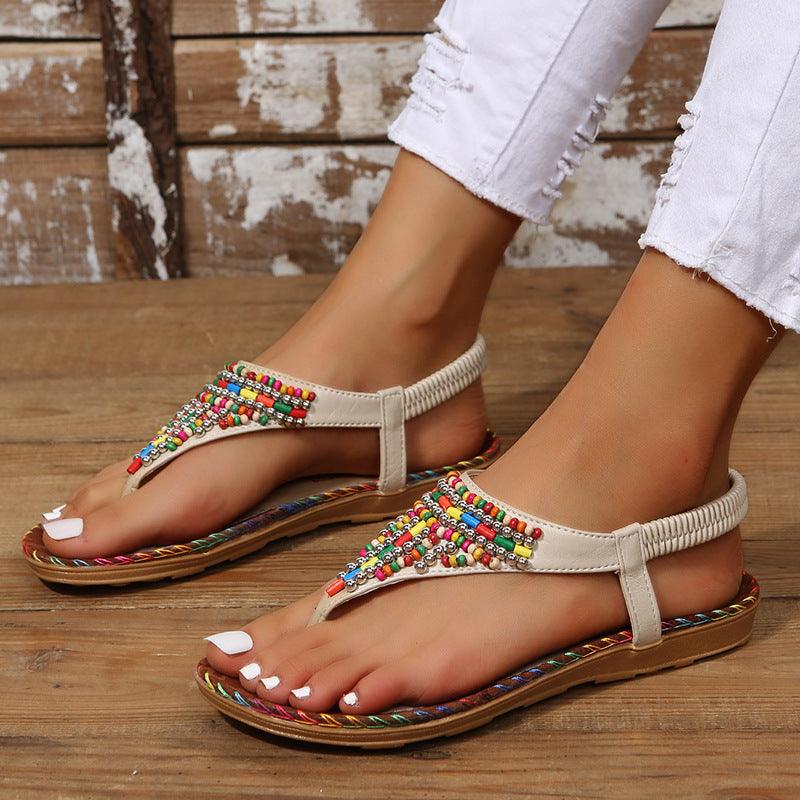 PU Leather Beaded Flat Sandals - Trendy by Luna