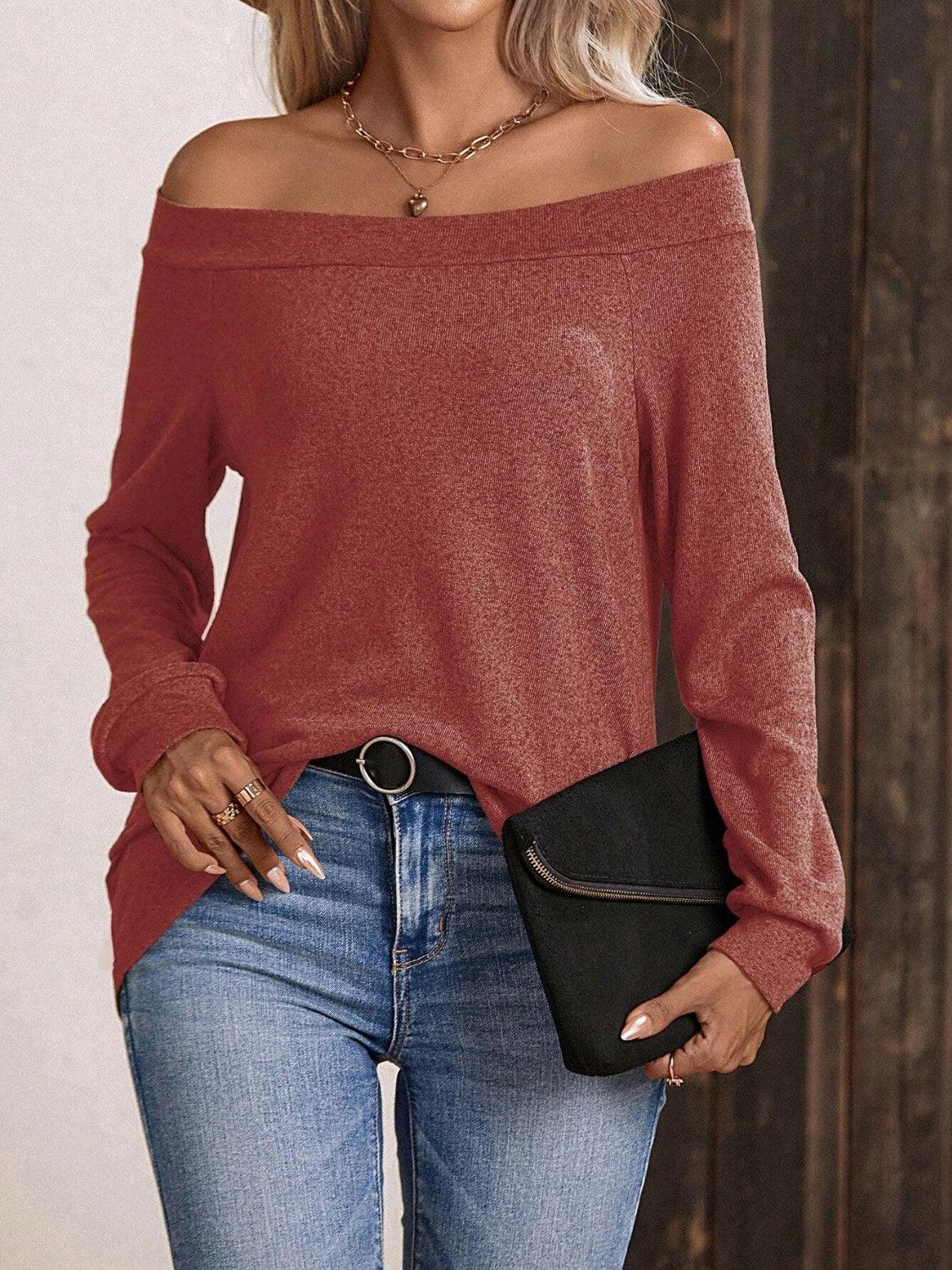 Off-Shoulder Long Sleeve T-Shirt - Trendy by Luna