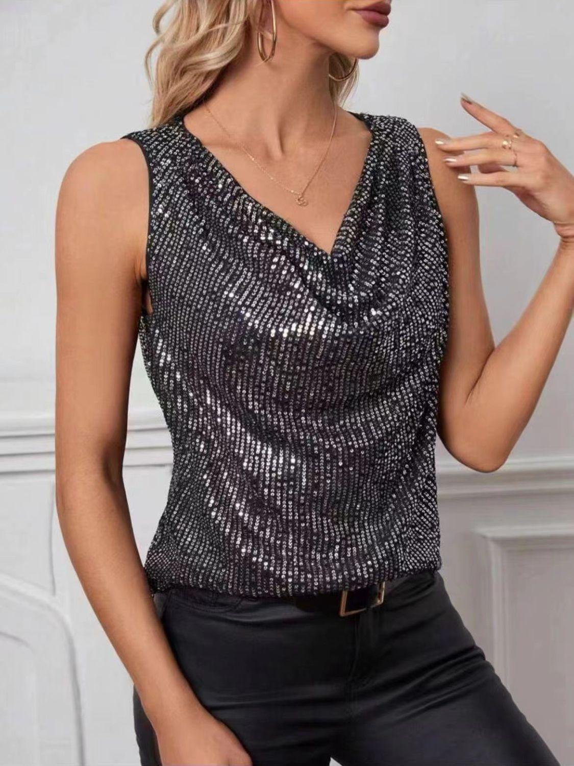 Sequin Cowl Neck Tank - Trendy by Luna