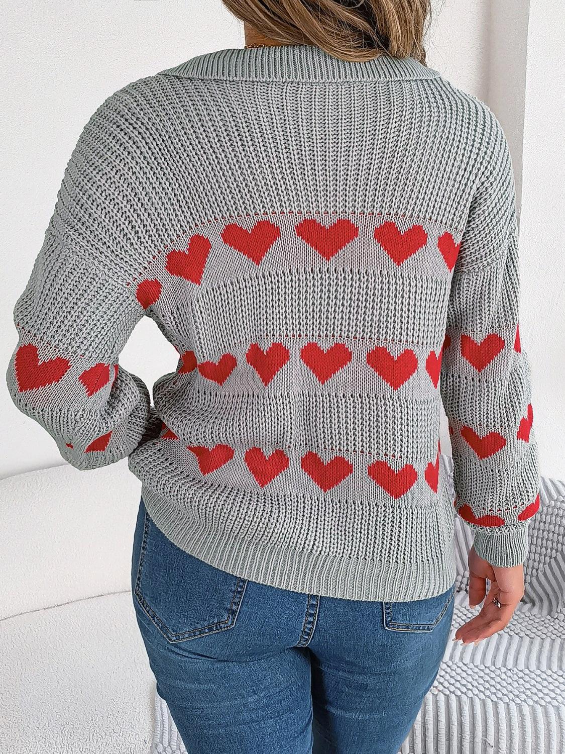 Heart Johnny Collar Long Sleeve Sweater - Trendy by Luna