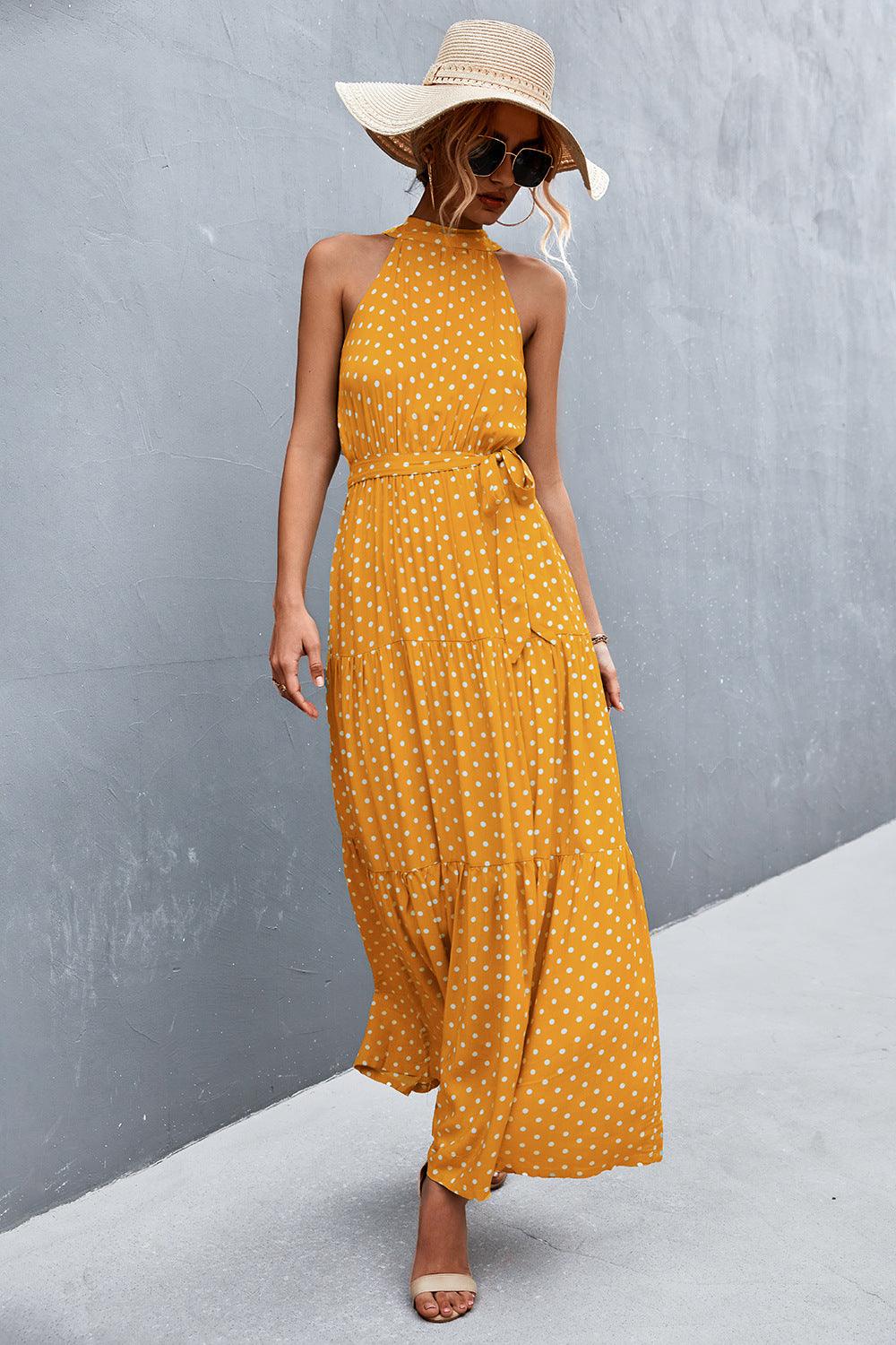 Printed Sleeveless Tie Waist Maxi Dress - Trendy by Luna