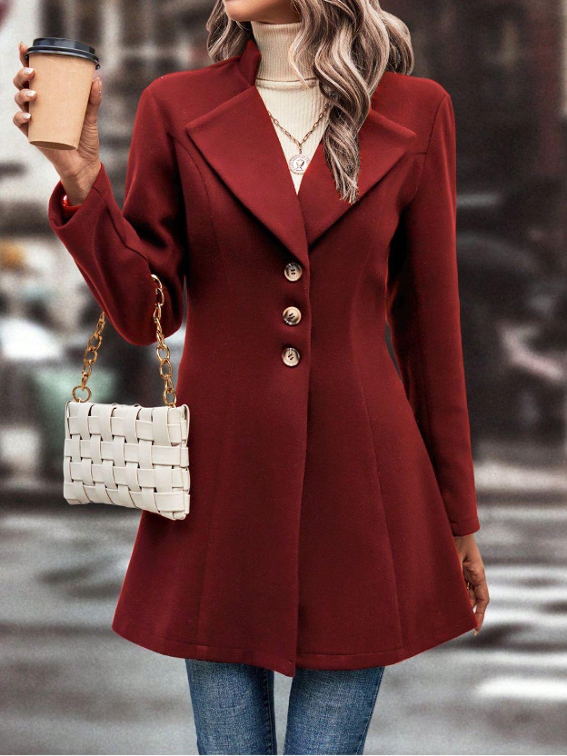 Collared Neck Button Up Long Sleeve Coat - Trendy by Luna