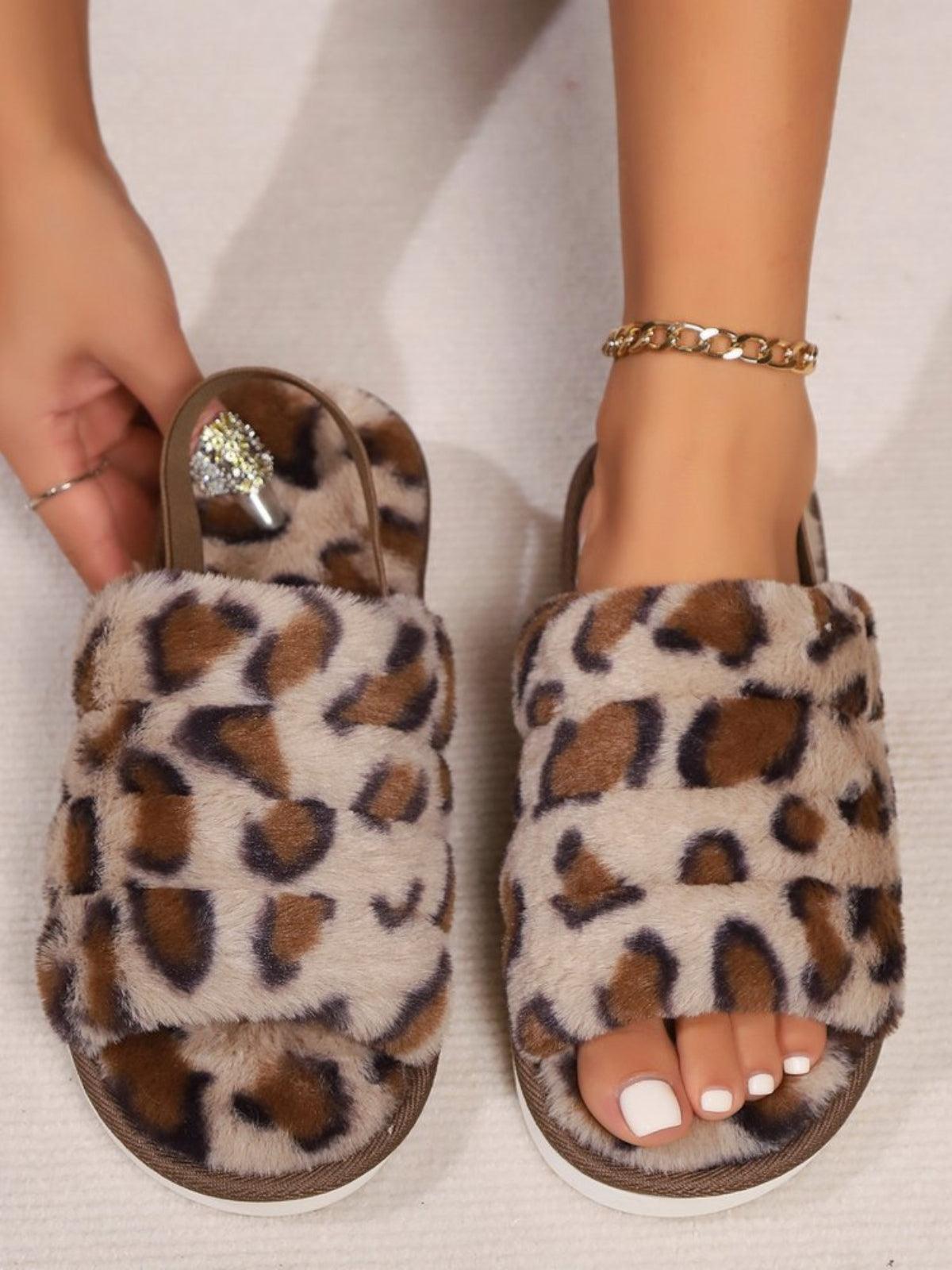 Leopard Faux Fur Open Toe Slippers - Trendy by Luna